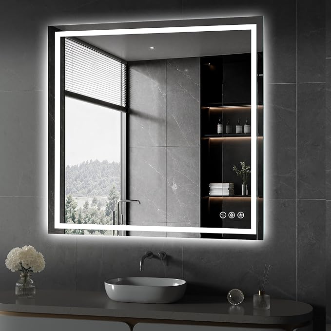 Koonmi 42x42 LED Bathroom Mirror with Light, Anti-Fog, 3 Colors | Backlit + Front Lit, Dimmable Brightness, Shatterproof HD Distortion-Free Tempered Glass, Hardware Included