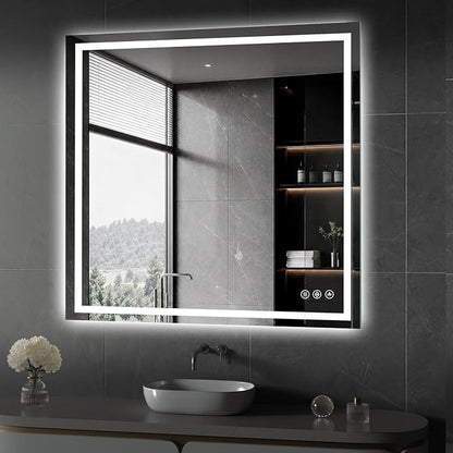 Koonmi 42x42 LED Bathroom Mirror with Light, Anti-Fog, 3 Colors | Backlit + Front Lit, Dimmable Brightness, Shatterproof HD Distortion-Free Tempered Glass, Hardware Included