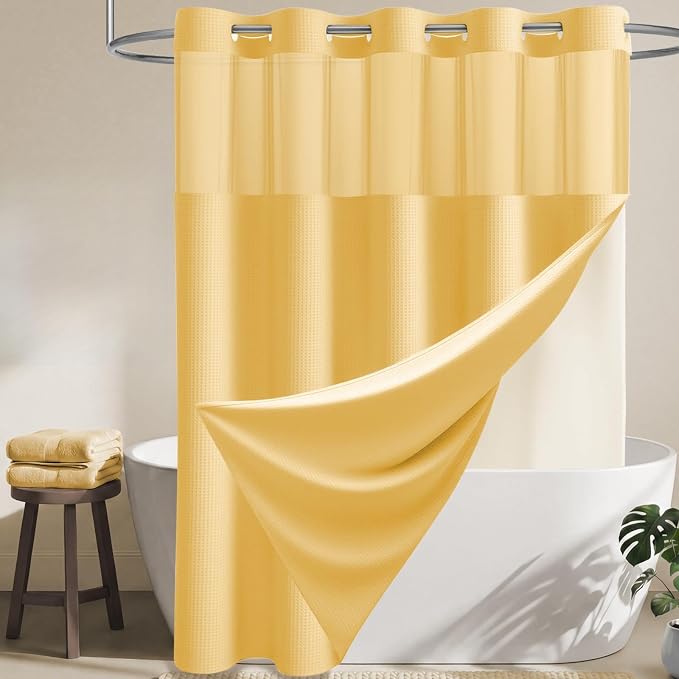 Gold Hook Free Waffle Shower Curtain & Snap-in Fabric Liner,72x99 | Less Time to install, 3 in 1 Fabric Shower Curtain and Liner Set with Magnets, Extra Long, Shower Curtains for Bathroom
