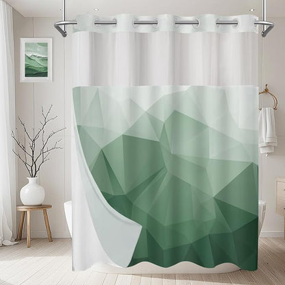 No Hook Shower Curtain with Snap in Liner Set, Green, 71x74 | Waterproof Fabric for Bathroom, Modern Hotel Style Ombre Design, Mesh Top Window, Machine Washable, Quick Install
