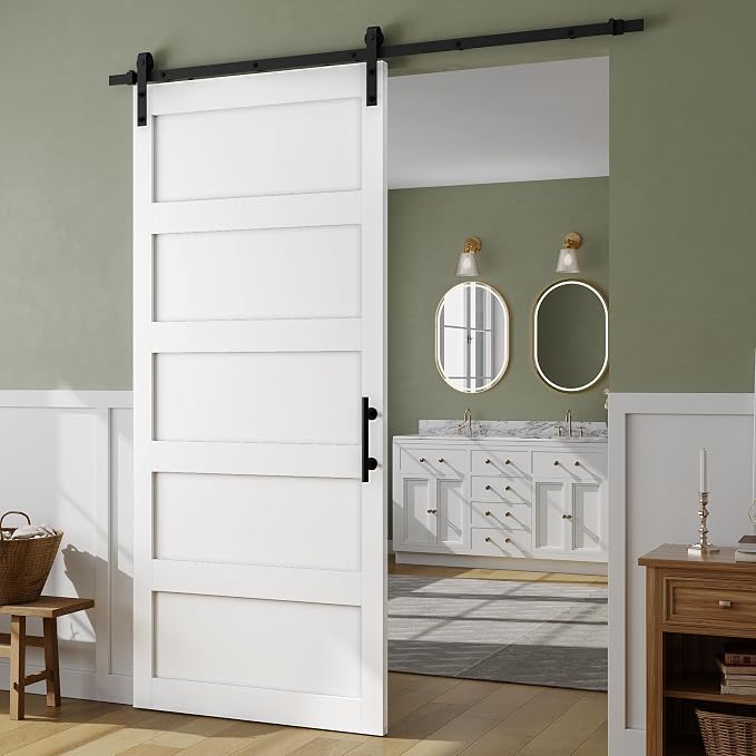 SMARTSTANDARD 42in x 96in Sliding Barn Door with 7FT Hardware Track Kit | Waterproof PVC Surface, Pre-Drilled Holes Easy to Assemble, Solid, MDF, White, 5-Panel