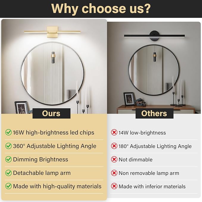Gold Bathroom Vanity Light, 24 Inch LED Light Bar Over Mirror | Modern Bathroom Light Fixture Over Mirror for Vanity, 360° Rotatable Dimmable LED Wall Mounted Lighting, ETL Certified