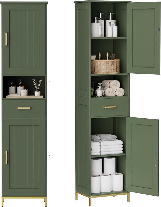 Homhedy 67" H Bathroom Storage Cabinet, Tall Bathroom Cabinet, Green | Narrow Cabinet with Doors and Drawer, Adjustable Shelves, Floor Cabinet for Bathroom, Living Room, Kitchen, Dining Room