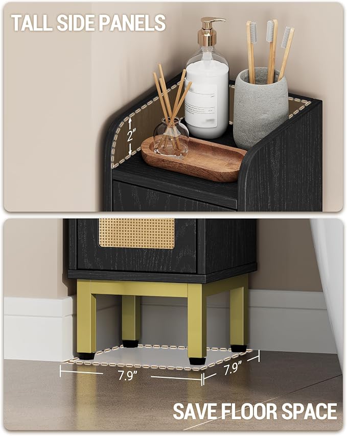 Hzuaneri Slim Bathroom Storage Cabinet, Narrow Bathroom Organizers,2 Doors | Narrow Bathroom Storage with 4 Adjustable Feet, Laundry Room Organization for Small Space,Kitchen,Rattan Black BC22404Y