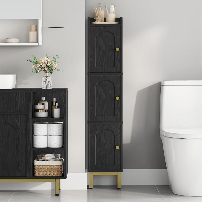 Hzuaneri Slim Bathroom Storage Cabinet, Narrow Bathroom Organizers,3 Doors | Narrow Storage Cabinet with 4 Adjustable Feet, Laundry Room Organization for Small Space, Kitchen,Living Room,Black