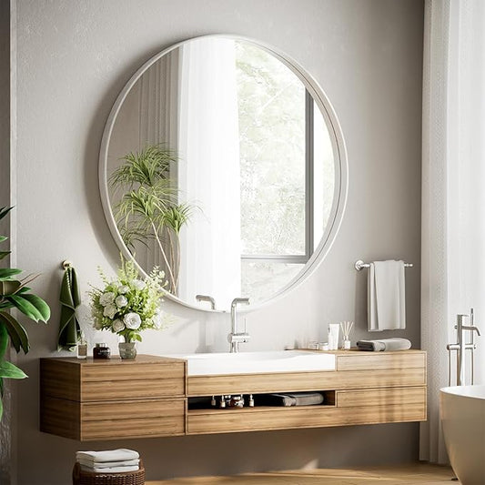 VooBang 48 inch Round Bathroom Mirror, Large Silver Modern Circle Wall Mounted Mirror with Gorgeous Circular Deep Frame for Bathroom, Living Room, Bedroom