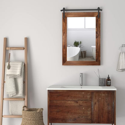 COGOOD Farmhouse Barn Door Mirror - 26 x 17 Brown | Rustic Wood Framed Vanity Mirror for Entryway, Living Room, Bedroom, Bathroom Wall Decor
