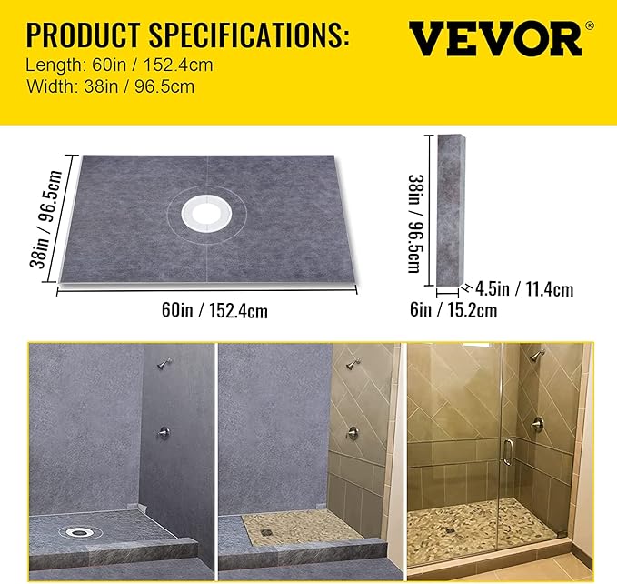 VEVOR Shower Curb Kit, 38"x60" Watertight Shower Curb Overlay with 4" PVC Central Bonding Flange, 4" Stainless Steel Grate, 2 Cuttable Shower Curb and Trowel, Shower Pan Slope Sticks Fit for Bathroom