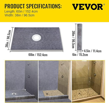 VEVOR Shower Curb Kit, 38"x60" Watertight Shower Curb Overlay with 4" PVC Central Bonding Flange, 4" Stainless Steel Grate, 2 Cuttable Shower Curb and Trowel, Shower Pan Slope Sticks Fit for Bathroom