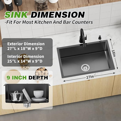 Black 27x18 Inch Stainless Steel Kitchen Sink - Undermount Modern Single Bowl Drop In Kitchen And Bar Sink With Silicon Mat,Drain Strainer Set Compatibility With Various Kitchen&Bar Style