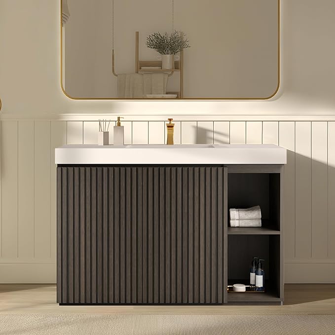 48" Bathroom Vanity with Sink, Freestanding Single Sink Bathroom Vanity with White Engineered Stone Top & Open Side Storage, Soft-Closing Doors with Adjustable Shelf, Smoked Oak Brown