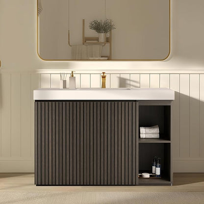 48" Bathroom Vanity with Sink, Freestanding Single Sink Bathroom Vanity with White Engineered Stone Top & Open Side Storage, Soft-Closing Doors with Adjustable Shelf, Smoked Oak Brown
