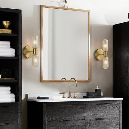Brushed Brass Wall Sconce, Knurled Double Glass, Bulb Included | 12.3in 2-Light Hardwired Wall Light,Perfect for Bathroom Living Room Vanity Mirror Bedroom Hallway and Entryway