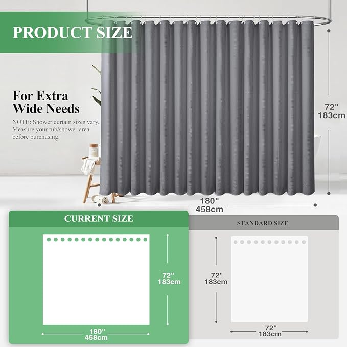 Extra Wide Waffle Shower Curtain 256 GSM Fabric 180x72 Grey/Gray | 180 Inch Wide, Thick Cloth, Weighted Hem, Water Repellent, Hotel Luxury Polyester Shower Curtain Set for Bathroom 32 Hooks