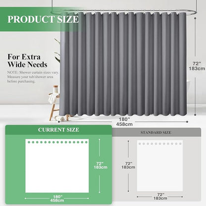 Extra Wide Waffle Shower Curtain 256 GSM Fabric 180x72 Grey/Gray | 180 Inch Wide, Thick Cloth, Weighted Hem, Water Repellent, Hotel Luxury Polyester Shower Curtain Set for Bathroom 32 Hooks