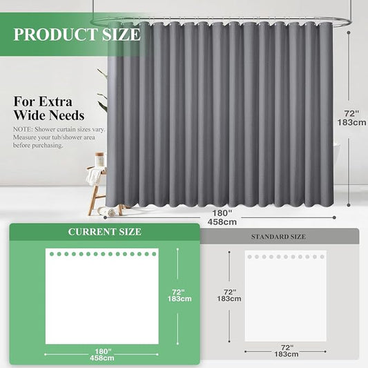Extra Wide Waffle Shower Curtain 256 GSM Fabric 180x72 Grey/Gray | 180 Inch Wide, Thick Cloth, Weighted Hem, Water Repellent, Hotel Luxury Polyester Shower Curtain Set for Bathroom 32 Hooks