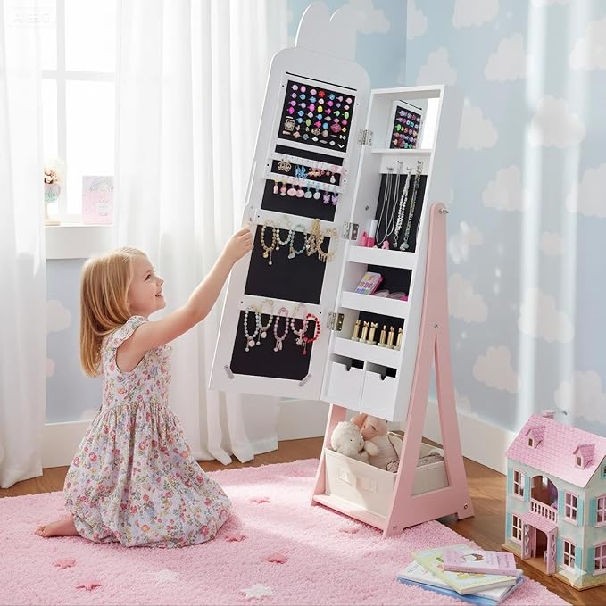Karl home 45.5" Kids Jewelry Armoire with Mirror, White | Standing Organizer with Removable Drawers, Cute Rabbit-Shaped Dress Up Cabinet for Little Girls