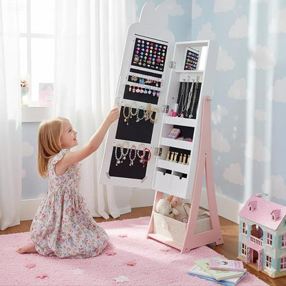 Karl home 45.5" Kids Jewelry Armoire with Mirror, White | Standing Organizer with Removable Drawers, Cute Rabbit-Shaped Dress Up Cabinet for Little Girls
