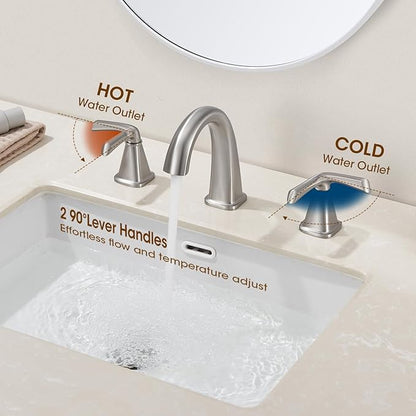 Widespread Bathroom Faucet 3 Hole, Brushed Nickel Bathroom Sink Faucet, 2 Handle Brass Bathroom Faucets for Vanity Faucet with Pop Up Drain and 2 Supply Lines