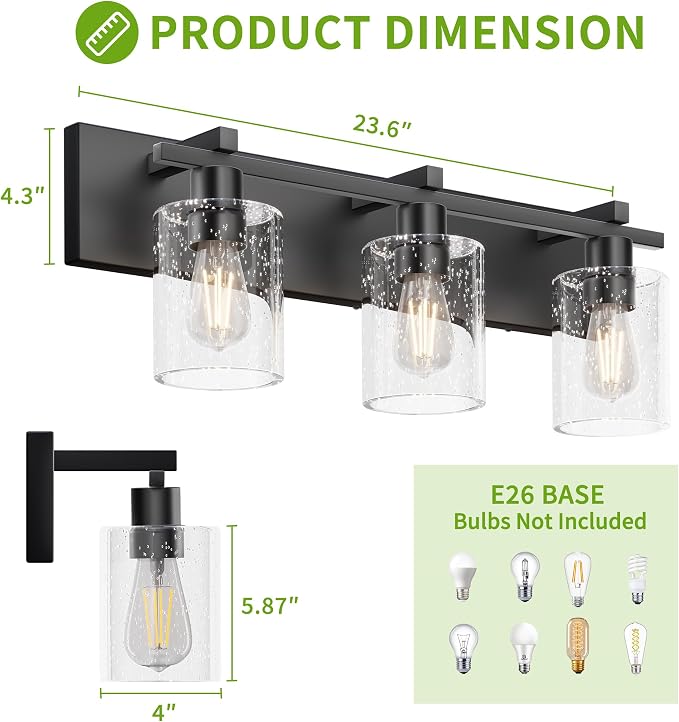 3-Light 21inch Black Vanity Light, Thickened Seeded Glass Shade | Over Mirror for Bathroom, Rust Resistant, E26 Base, Easy Install, Removable Glass Shade Horizontal Mount, Dimmable
