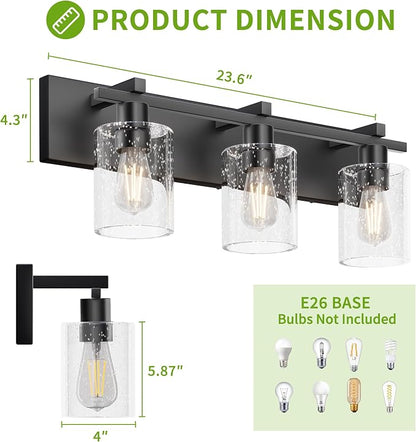 3-Light 21inch Black Vanity Light, Thickened Seeded Glass Shade | Over Mirror for Bathroom, Rust Resistant, E26 Base, Easy Install, Removable Glass Shade Horizontal Mount, Dimmable