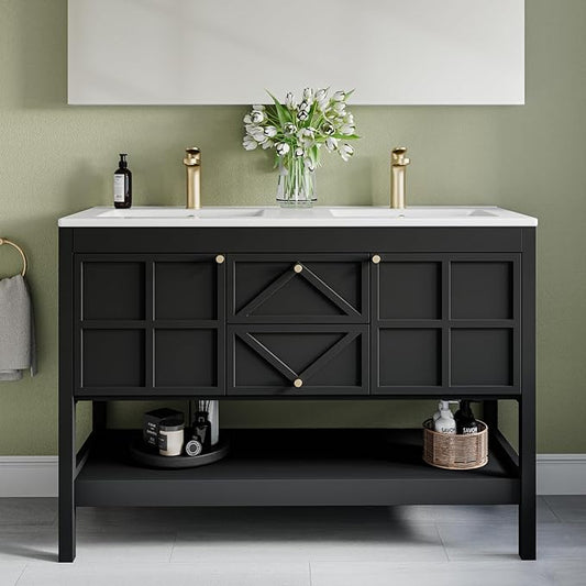 48" Bathroom Vanity with Double Sink Combo, Undermount Sink Bathroom Storage Cabinet with 2 Drawers & 2 Soft-Close Doors, Freestanding Farmhouse Cabinet with Open Storage Shelf, Black