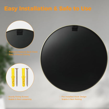 24 Inch Gold Round Bathroom Wall Mirror, Round Mirrors for Wall Decor, Circle Mirror for with HD Shatter-Proof Glass for Entryway, Living Room, Bedroom, Dressing Room, Home Decor