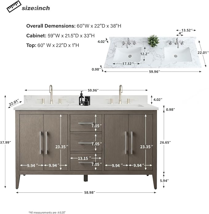 60 Inch Bathroom Vanity with Sink & Ceramic Top, Double Vanity Cabinet with Basin, Soft-Closing Doors & Matte Black Hardware, Driftwood Gray