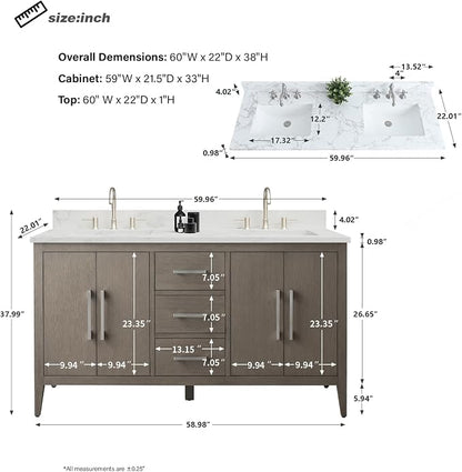 60 Inch Bathroom Vanity with Sink & Ceramic Top, Double Vanity Cabinet with Basin, Soft-Closing Doors & Matte Black Hardware, Driftwood Gray