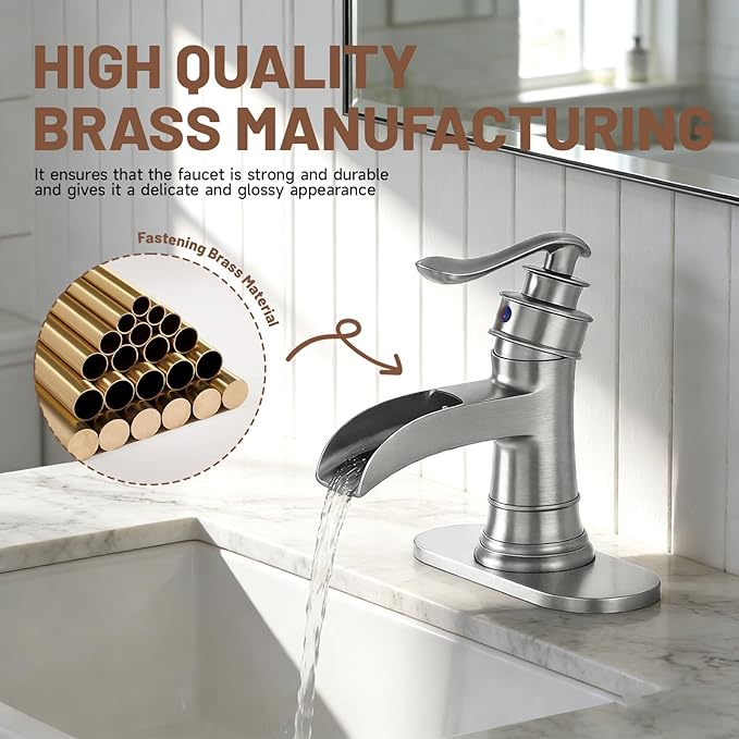 Waterfall Bathroom Faucet Bathroom Sink Faucet Farmhouse Single Handle 1 Hole with Pop Up Drain Assembly Vanity Water Supply Hose, Brushed Nickel