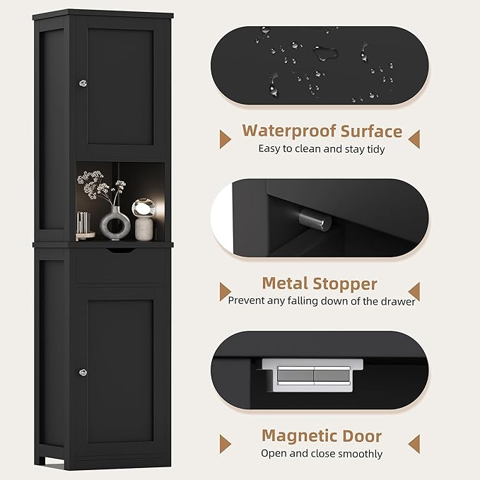 Shintenchi Tall Bathroom Storage Cabinet, Slim Corner Floor Cabinet with Doors and Drawer, Freestanding Narrow Bathroom Organizer with Adjustable Shelves for Small Space, Black