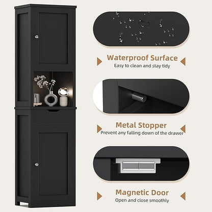 Shintenchi Tall Bathroom Storage Cabinet, Slim Corner Floor Cabinet with Doors and Drawer, Freestanding Narrow Bathroom Organizer with Adjustable Shelves for Small Space, Black