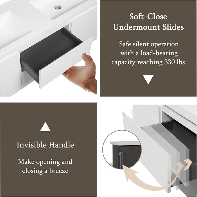 60 Inch Floating Bathroom Vanity with Double Sink, Large Storage Wall Mounted Floating Vanity with Soft Close Drawers, One-Piece Basin Bathroom Sink Cabinet (Glossy White, 60" Double Sink)