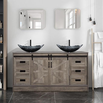 60" Barn Door Bathroom Vanity with 6 Drawers and Two Doors, Farmhouse Style Standing Pedestal Cabinet with Two Silver Leaf Vessel Sinks
