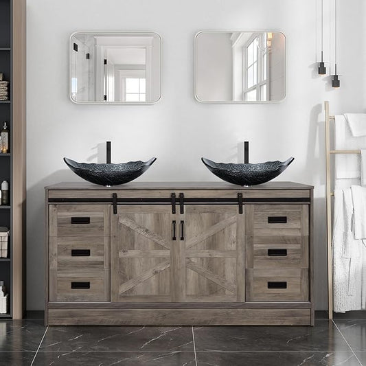 60" Barn Door Bathroom Vanity with 6 Drawers and Two Doors, Farmhouse Style Standing Pedestal Cabinet with Two Silver Leaf Vessel Sinks