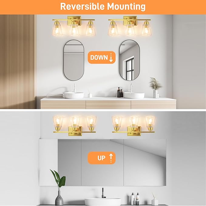 hykolity 3-Light Vanity Light Fixture, 5-Piece All-in-One Bathroom Set with Towel Bar, Ring, Robe Hook & Toilet Paper Holder for Bathroom Mirror Lighting, Gold Wall Light with Glass Shade