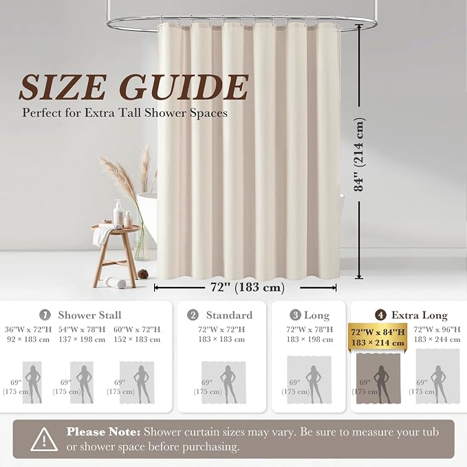 Natural Linen Shower Curtain Farmhouse Bathroom Decor 72x84 Inches | Boho Bathroom Decor,12 Sturdy Stainless Steel Sliding Hangers,Rustic Country Style,Linen Shower Curtains for Bathroom
