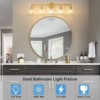 38.5" 5-Light Brushed Gold Modern Bathroom Vanity Light Fixture Over Mirror | Clear Glass Shade, Heat-Resistant Ceramic E26 Socket, Wall Sconces, Rustproof, Fit 40–48 Inch Mirrors for Vanity Table