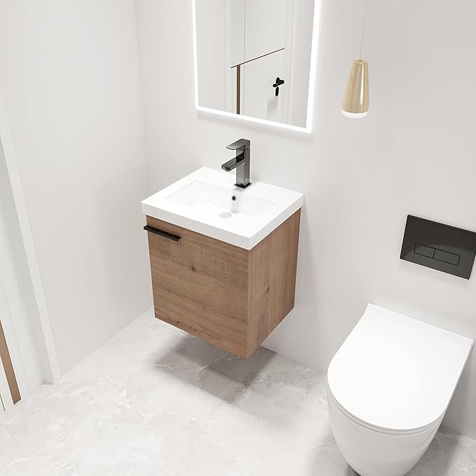18" Floating Bathroom Vanity with Sink, Mordern Brown Vanity Combo for Small Bathroom, Single Bath Wall Mounted Cabinet Side for Narrow Space, 1 Door and 1 Ceramics Basin. (017-Imitative Oak, 18*15)