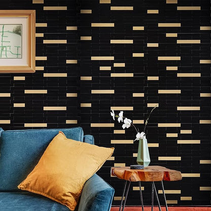 StyloVue 2 Sheets Peel and Stick Tile Backsplash, Black with Metal Gold Look Stick on Tile Upgrade Your Kitchen Backsplash, RV, Fireplace