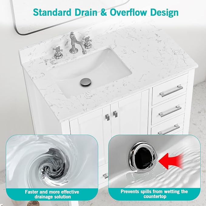 36"x22" Engineered Stone Bathroom Vanity Top with Rectangular Undermount Ceramic Left Offset Sink, 8 Inch Faucet Hole Spread with Backsplash Bathroom Vanity Sink Top (Cabinet Not Included)