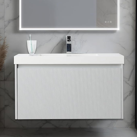 Blossom 36 Inch Bathroom Vanity with Sink | All Wood Wall Mounted Floating Bathroom Vanity Cabinet with Acrylic Sink | Soft-Close Drawer | Modern Minimalist Style Vanities (36 Inch, Light Grey)