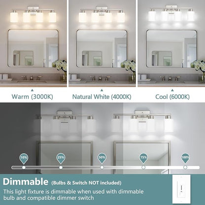 Brushed Nickel Bathroom Light Fixtures, 4-Light Modern Vanity Lights with Milky White Frosted Glass Shades, Wall Sconces for Mirror, Bathroom, Restroom (E26 Socket)