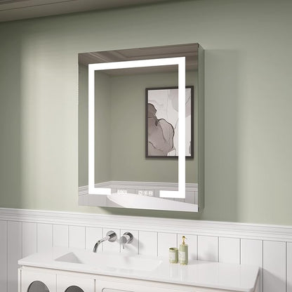 LED Medicine Cabinet Mirror, 24x30 Inch Bathroom Storage, Recessed/Wall Mount, Plug-in/Hardwired, 3 Color Dimmable Light, Anti-Fog, Time Temp Display, Right Hinge
