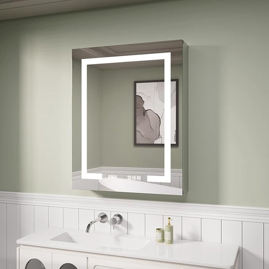 LED Medicine Cabinet Mirror, 24x30 Inch Bathroom Storage, Recessed/Wall Mount, Plug-in/Hardwired, 3 Color Dimmable Light, Anti-Fog, Time Temp Display, Right Hinge