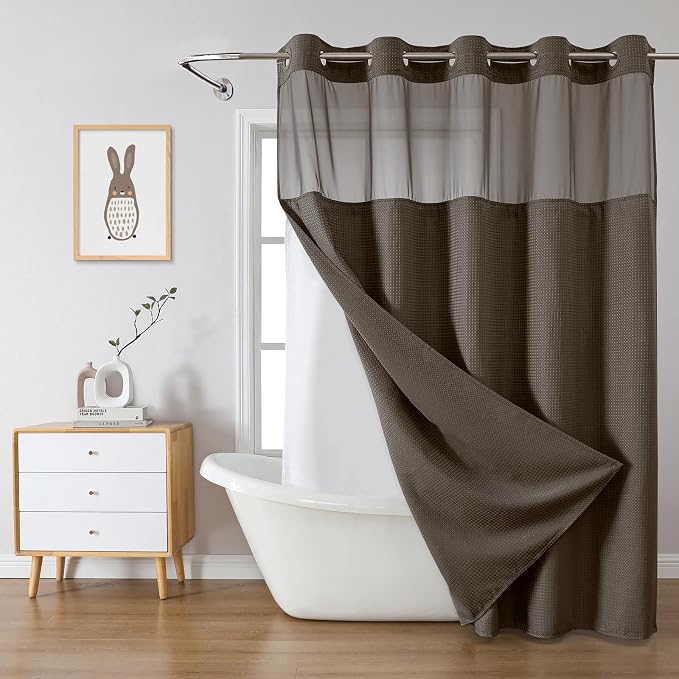 eachope No Hook Waffle Shower Curtain with Snap-in Liner, 71x74 Inch, Brown | 230 GSM waffle weave fabric, waterproof liner set with 2 bottom magnets, mesh top window, washable, for bathroom or hotel use