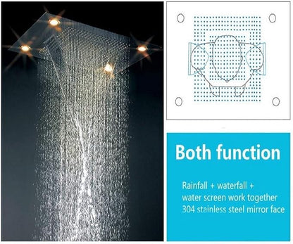Cascada Classic Design 23”x31” large recessed rain shower head w/4 modes (Rain+ Water Curtain + Waterfall + Mix) with remote control for multi-color LED light (NON Music, Antique Brass)