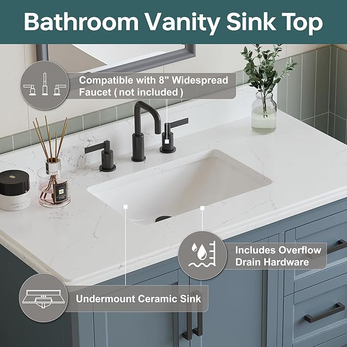42 Inch Bathroom Vanity with Sink, Fully Assembled Solid Wood Frame Bathroom Vanities with 2 Soft Closing Doors, 3 Full Extension Dovetail Drawers, Quartz Top, Steel Blue