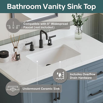 42 Inch Bathroom Vanity with Sink, Fully Assembled Solid Wood Frame Bathroom Vanities with 2 Soft Closing Doors, 3 Full Extension Dovetail Drawers, Quartz Top, Steel Blue