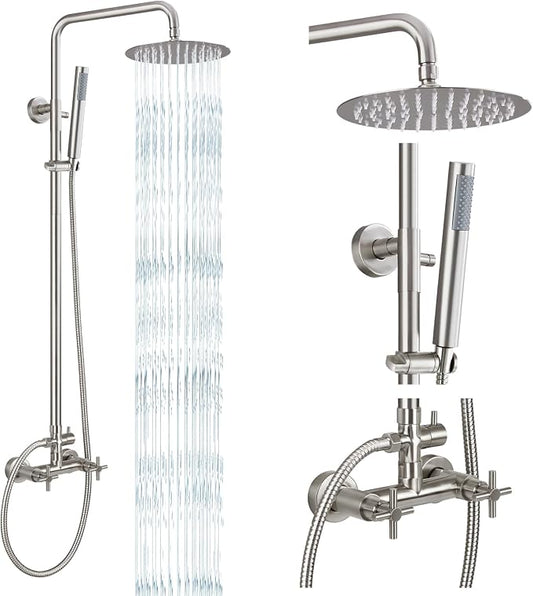 gotonovo Exposed Outdoor Shower Kit SUS304, Brushed Nickel, Cross Handle | Outdoor 8 Inch Shower Head with Handheld Spray Fixture System Faucet Set with Valve Outside Wall Mounted for Pool Beach Yard